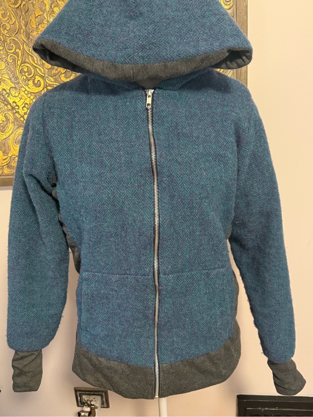 Harris Tweed Teal Herringbone Zip jacket with hood